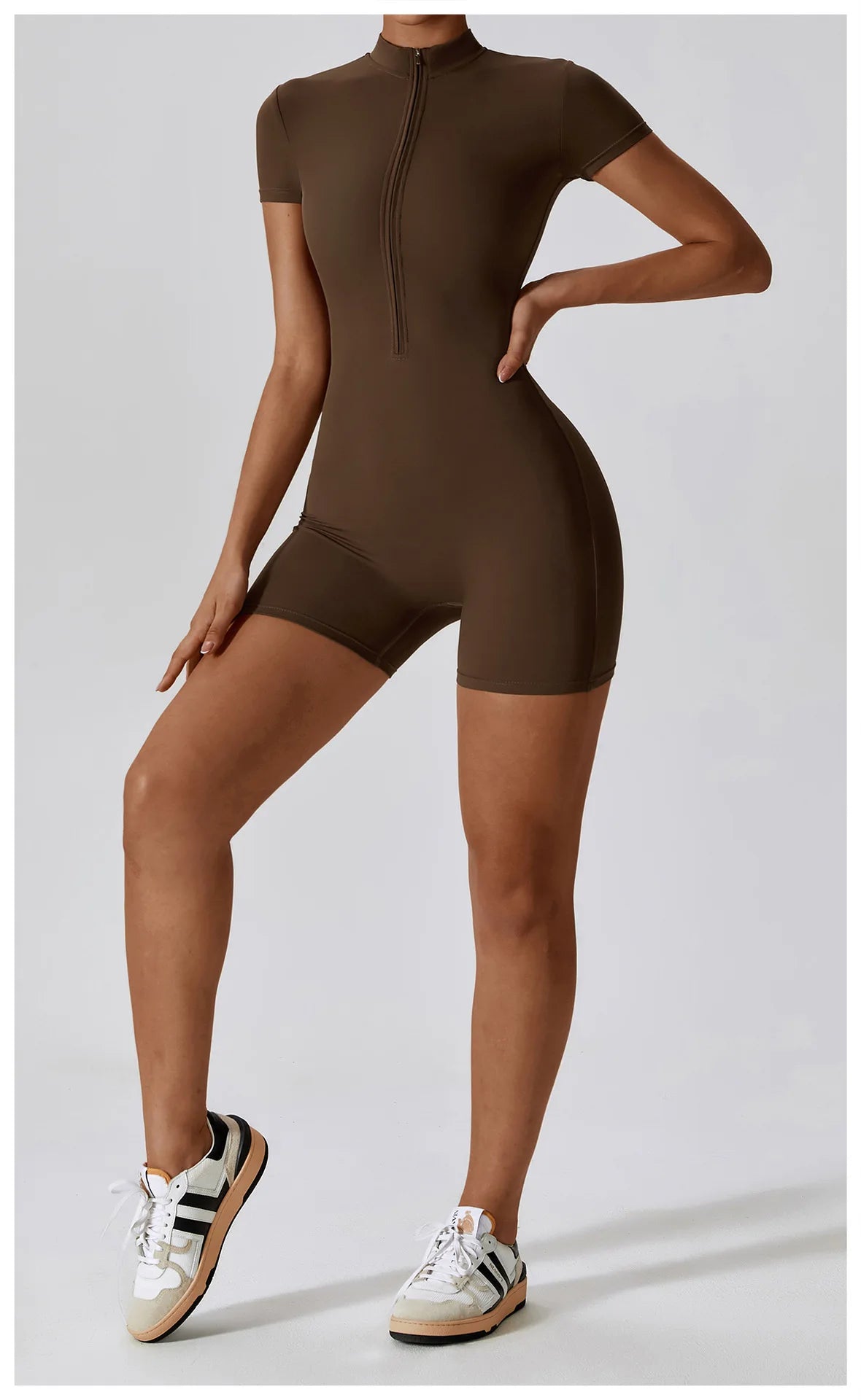 Women's Yoga Jumpsuit – Short Sleeve Zipper Bodysuit for Fitness & Running