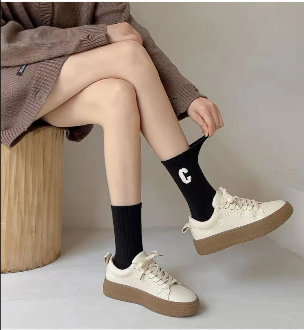 5 Pairs Women's C-Print Socks – Fashionable, Versatile Mid-Length Sports Socks
