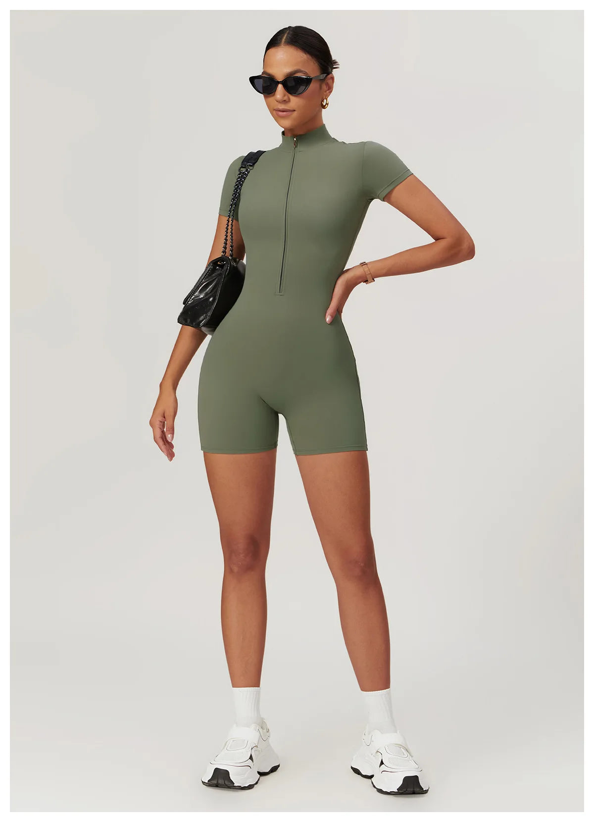 Women's Yoga Jumpsuit – Short Sleeve Zipper Bodysuit for Fitness & Running