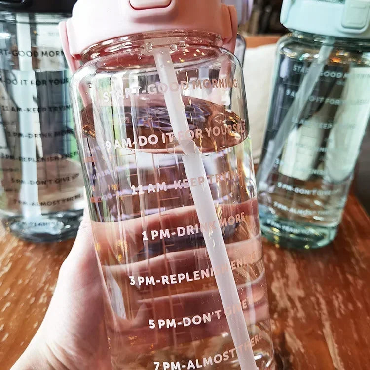 2L Water Bottle with Straw – Large Capacity, Time Marker for Fitness & Outdoor Use