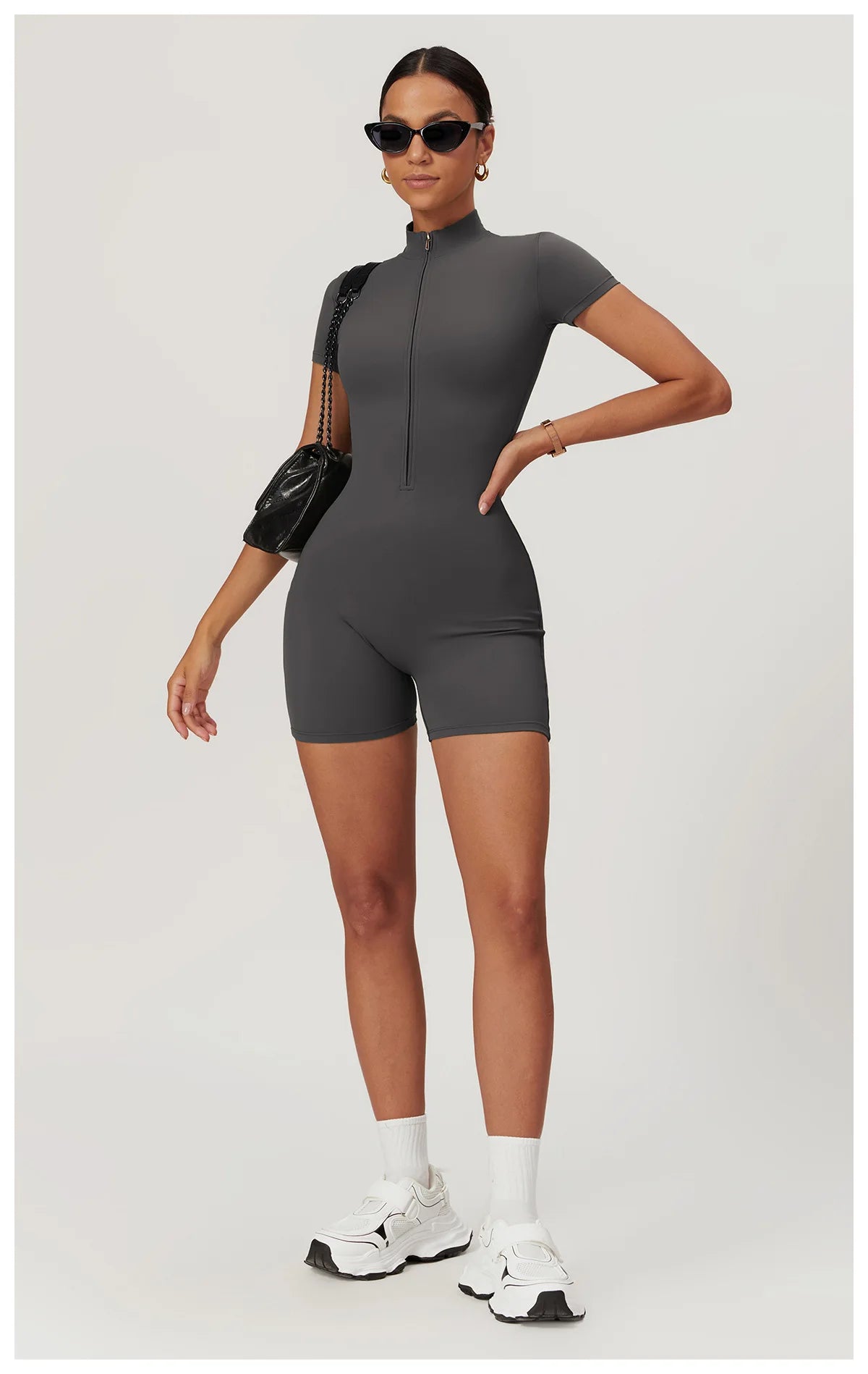 Women's Yoga Jumpsuit – Short Sleeve Zipper Bodysuit for Fitness & Running