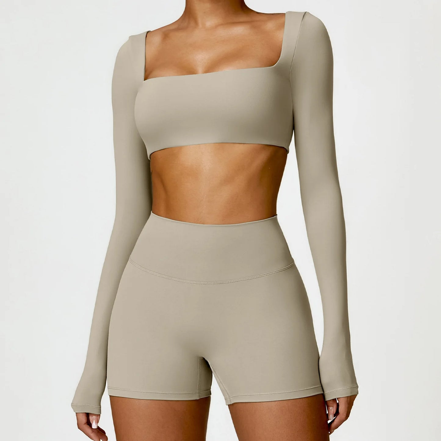 2-Piece Women's Yoga Set – Long Sleeve Top, Shorts & Sports Bra