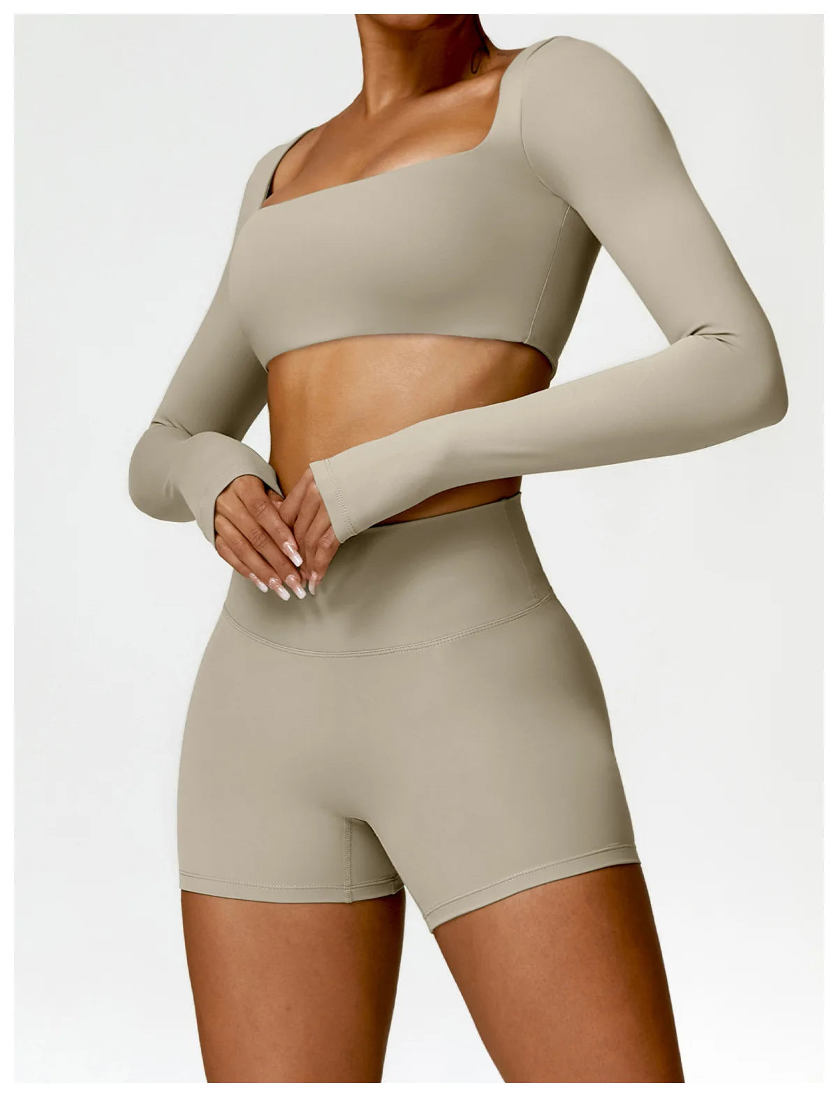 2-Piece Women's Yoga Set – Long Sleeve Top, Shorts & Sports Bra