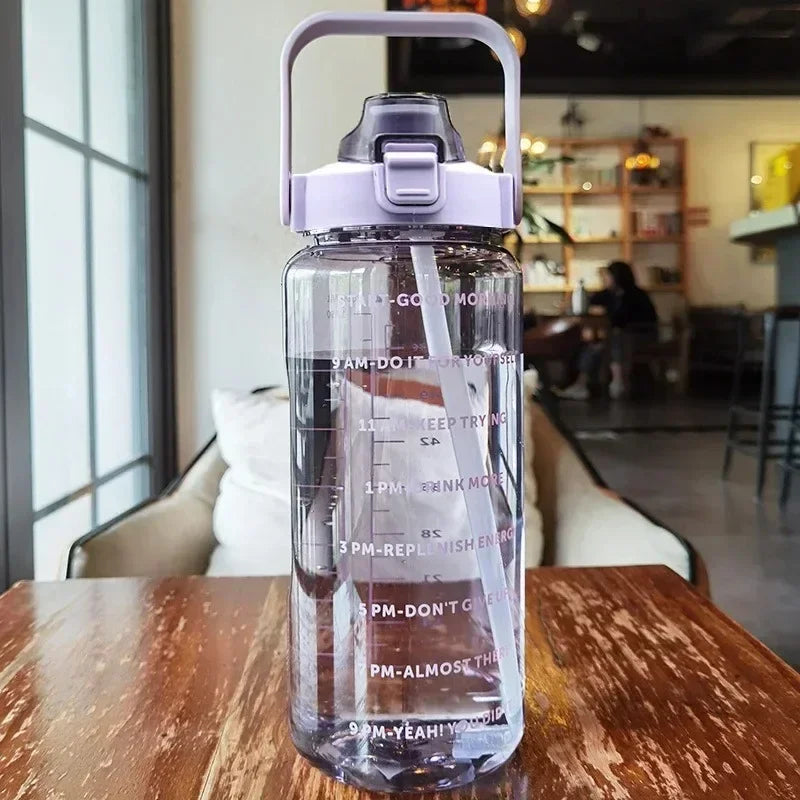 2L Water Bottle with Straw – Large Capacity, Time Marker for Fitness & Outdoor Use