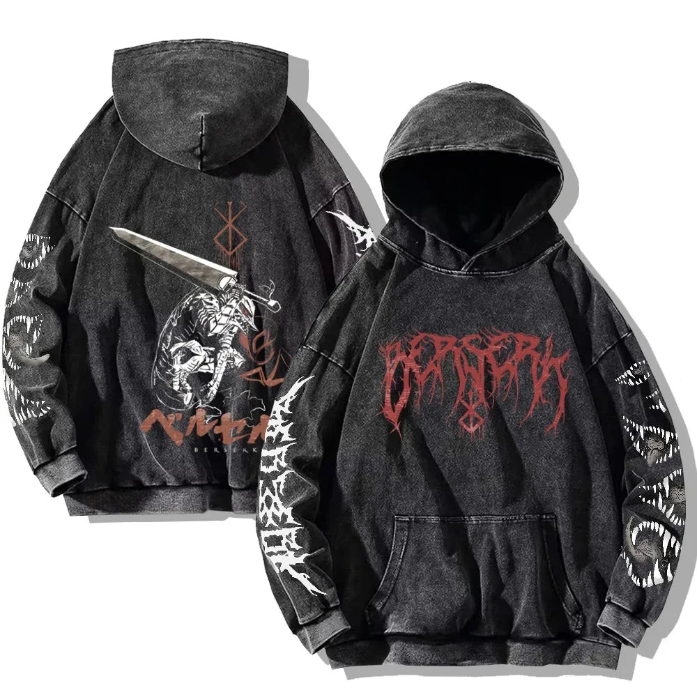 Men's Berserk Hoodie – Gothic Print, Vintage Washed Cotton, Oversized Y2K Streetwear