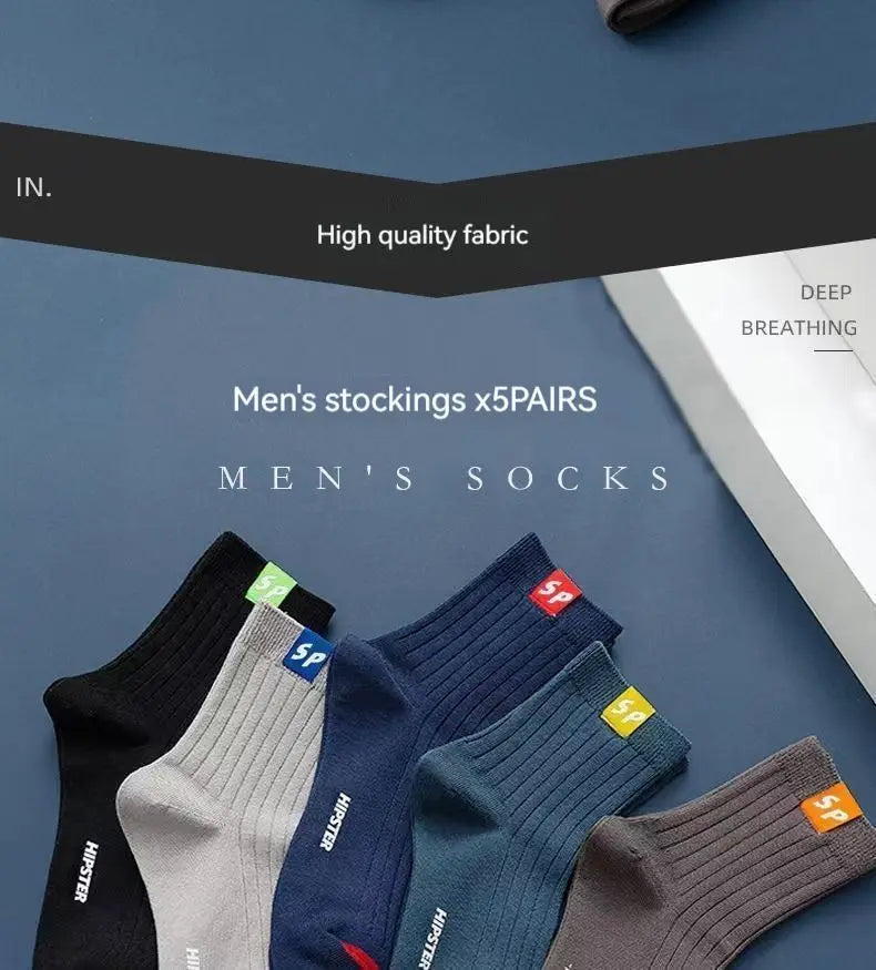 5 Pairs Men's Mid-Calf Socks – Warm, Breathable, Sweat-Absorbing Sports Socks