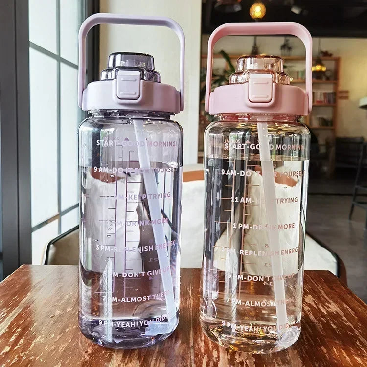 2L Water Bottle with Straw – Large Capacity, Time Marker for Fitness & Outdoor Use