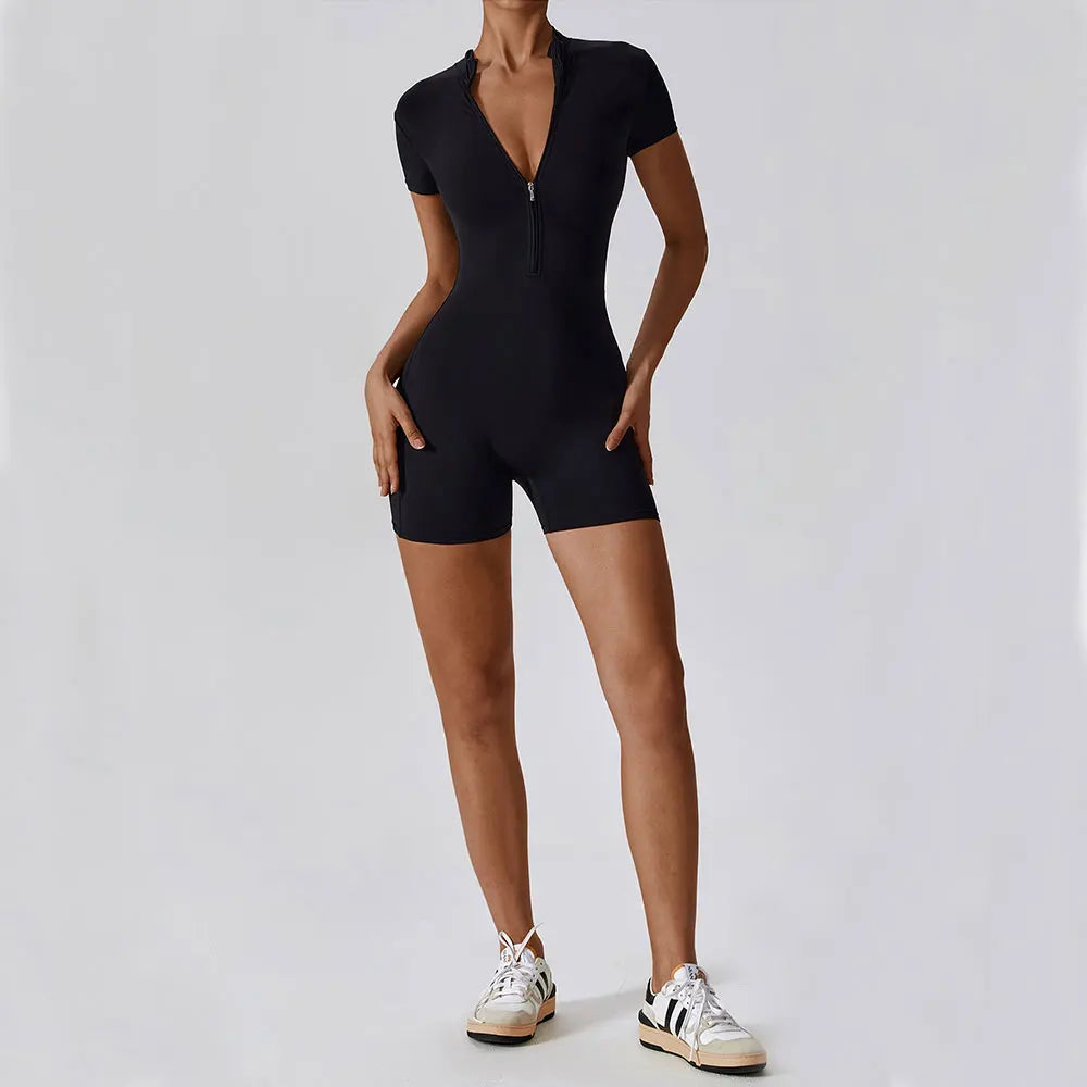Women's Yoga Jumpsuit – Short Sleeve Zipper Bodysuit for Fitness & Running