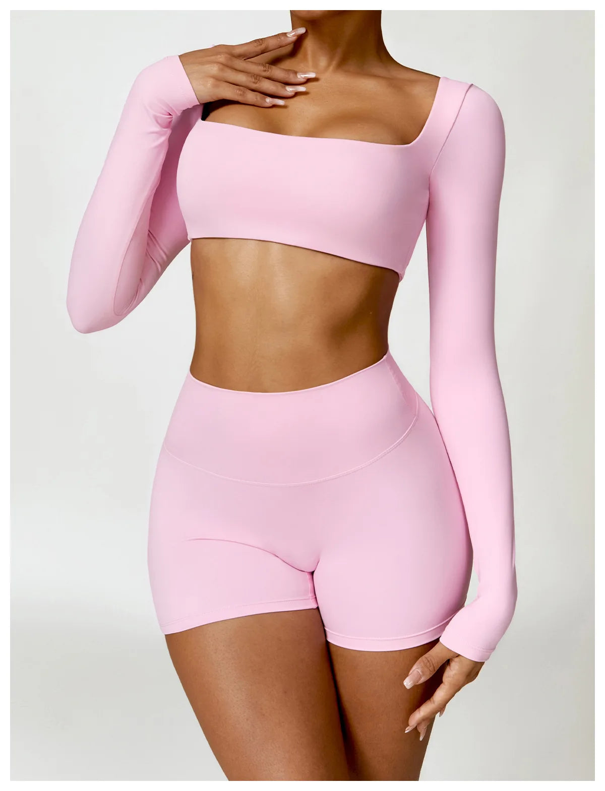 2-Piece Women's Yoga Set – Long Sleeve Top, Shorts & Sports Bra