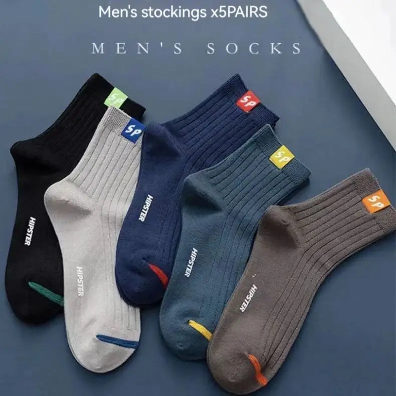 5 Pairs Men's Mid-Calf Socks – Warm, Breathable, Sweat-Absorbing Sports Socks