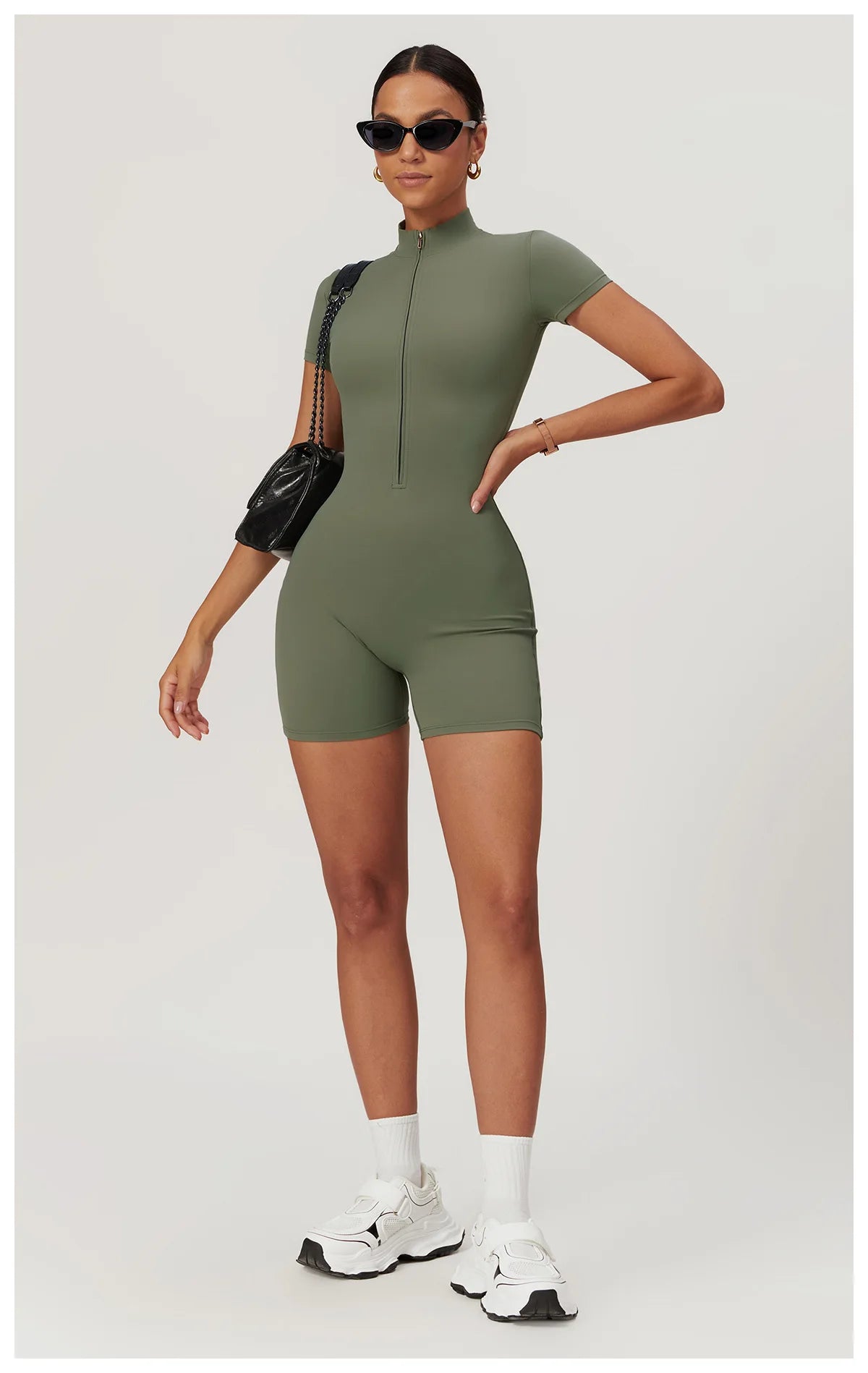 Women's Yoga Jumpsuit – Short Sleeve Zipper Bodysuit for Fitness & Running
