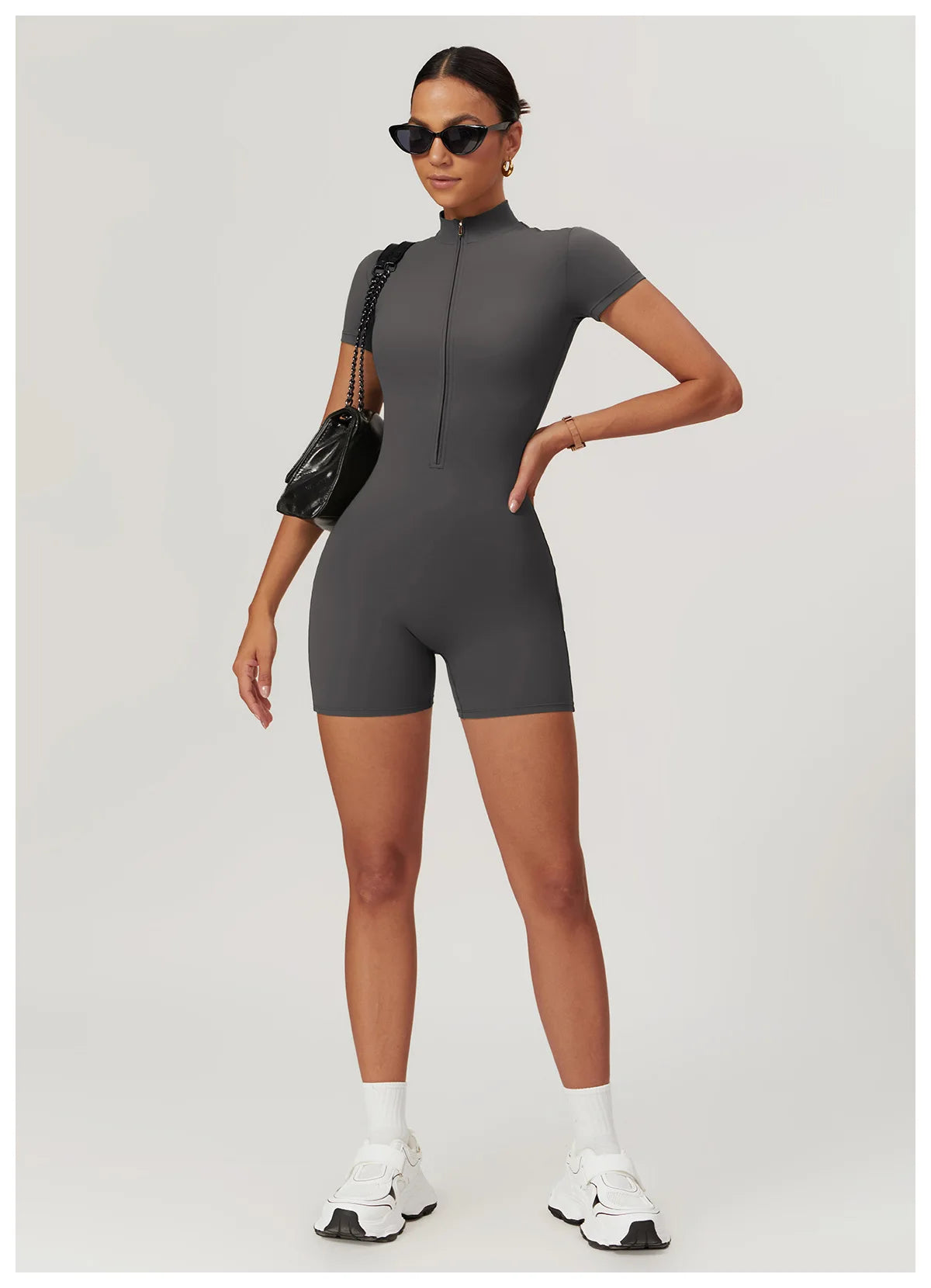 Women's Yoga Jumpsuit – Short Sleeve Zipper Bodysuit for Fitness & Running