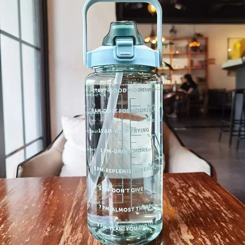 2L Water Bottle with Straw – Large Capacity, Time Marker for Fitness & Outdoor Use