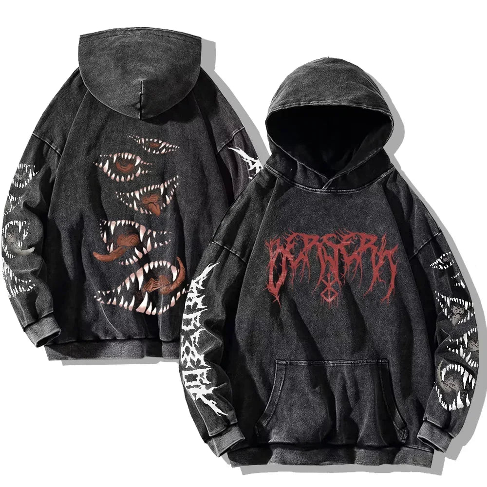 Men's Berserk Hoodie – Gothic Print, Vintage Washed Cotton, Oversized Y2K Streetwear
