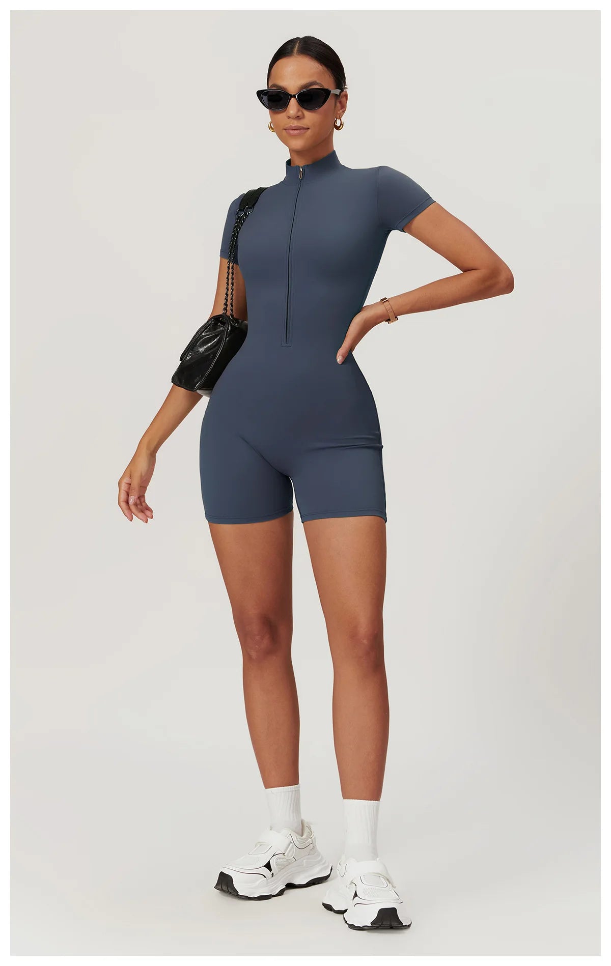 Women's Yoga Jumpsuit – Short Sleeve Zipper Bodysuit for Fitness & Running