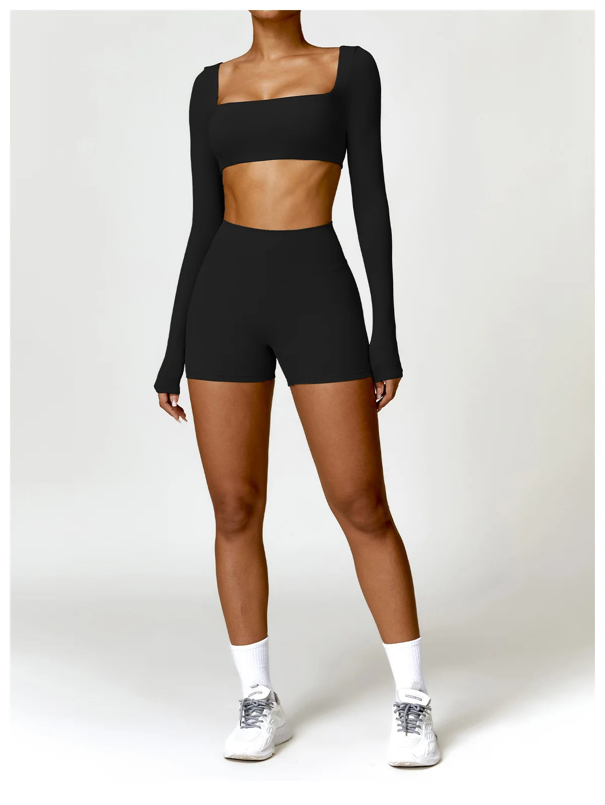 2-Piece Women's Yoga Set – Long Sleeve Top, Shorts & Sports Bra