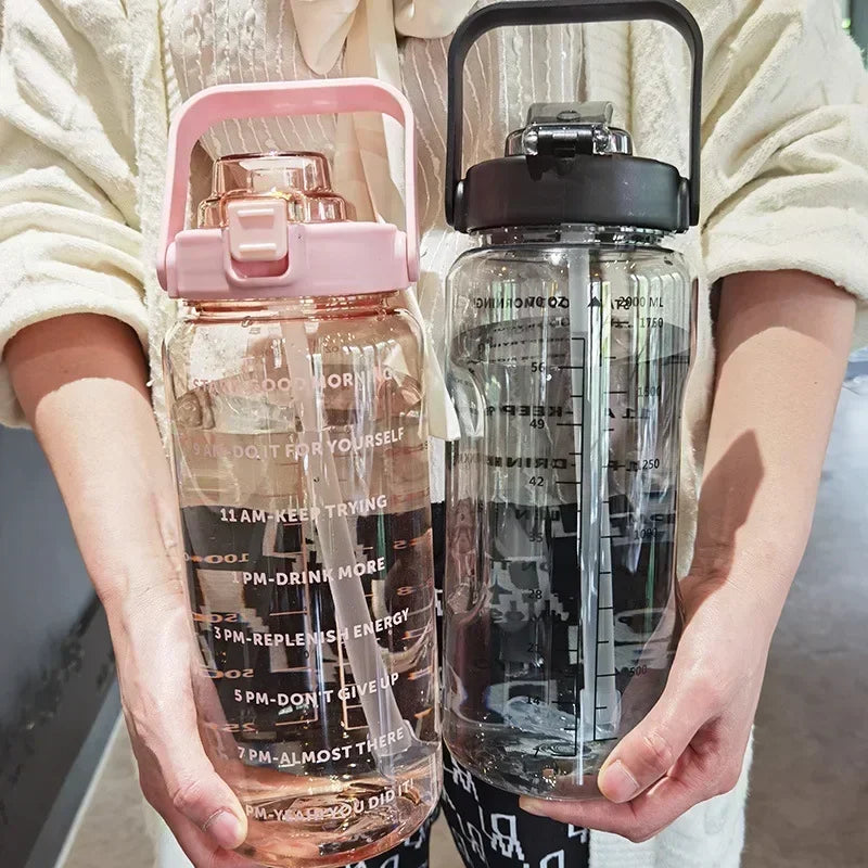 2L Water Bottle with Straw – Large Capacity, Time Marker for Fitness & Outdoor Use