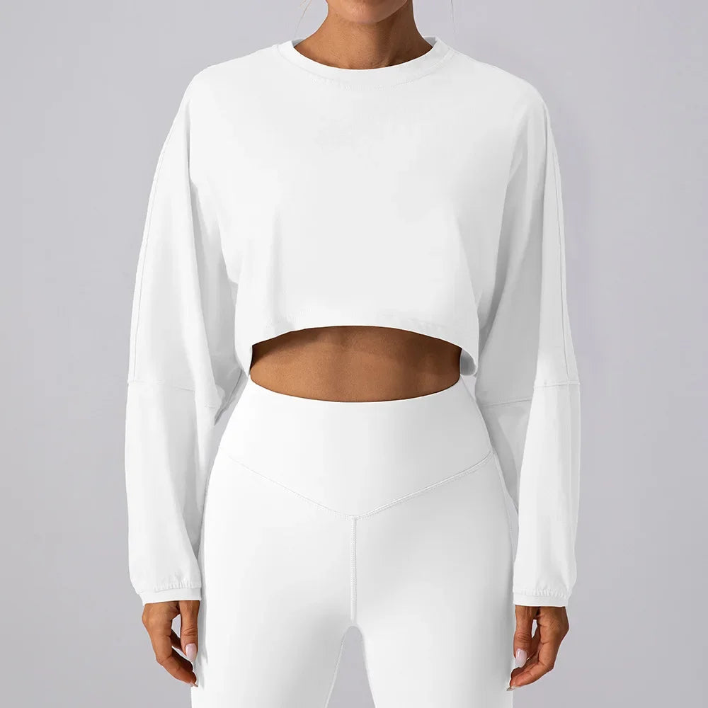 Women’s Long Sleeve Sports Crop Top – Yoga & Gym Workout Shirt