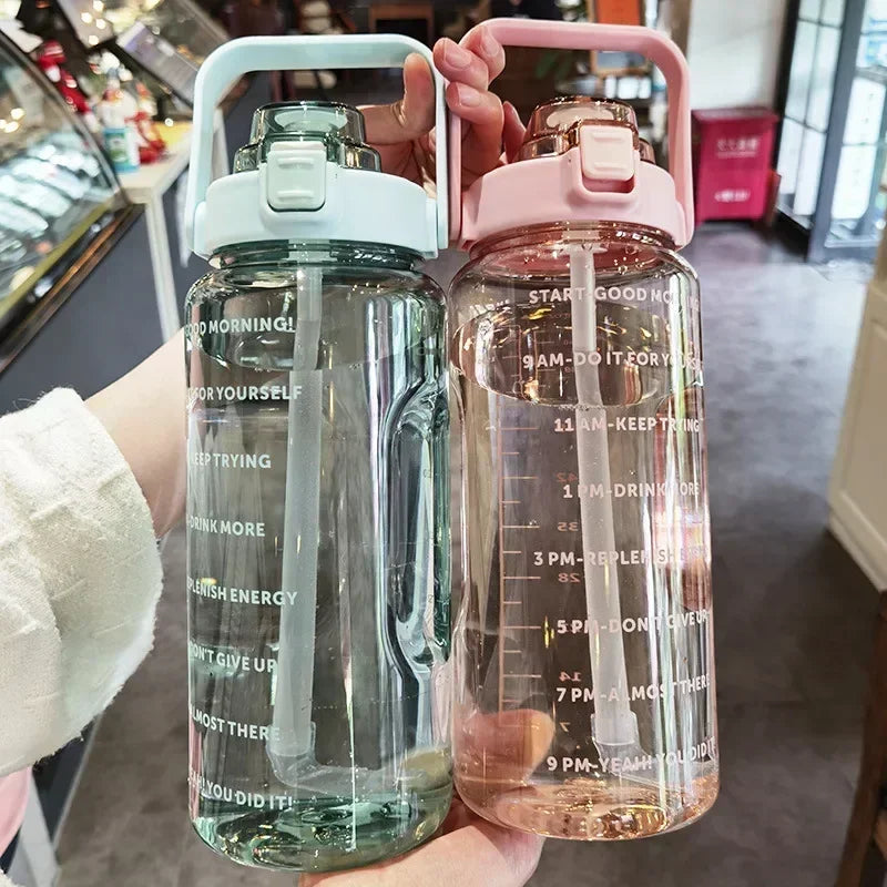 2L Water Bottle with Straw – Large Capacity, Time Marker for Fitness & Outdoor Use