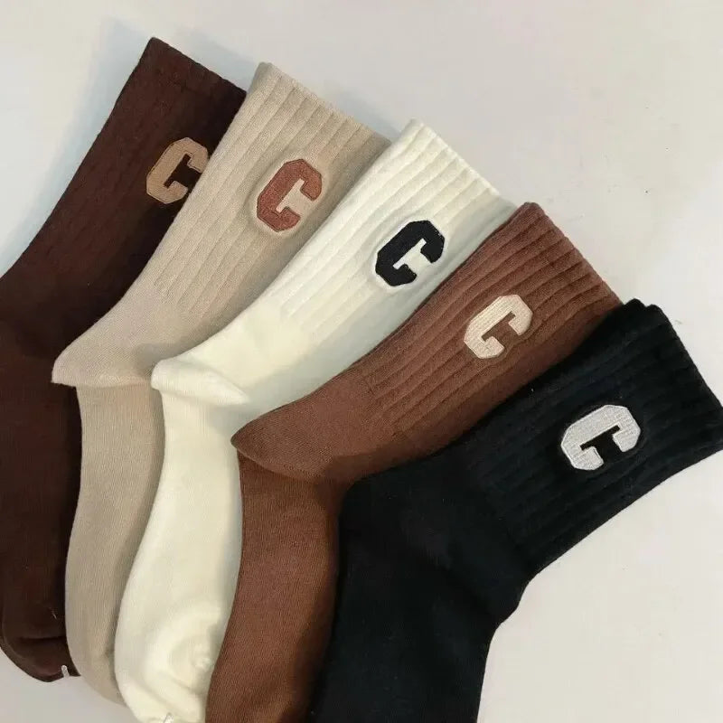 5 Pairs Women's C-Print Socks – Fashionable, Versatile Mid-Length Sports Socks