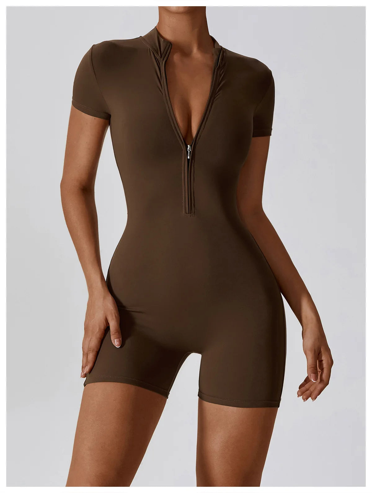 Women's Yoga Jumpsuit – Short Sleeve Zipper Bodysuit for Fitness & Running