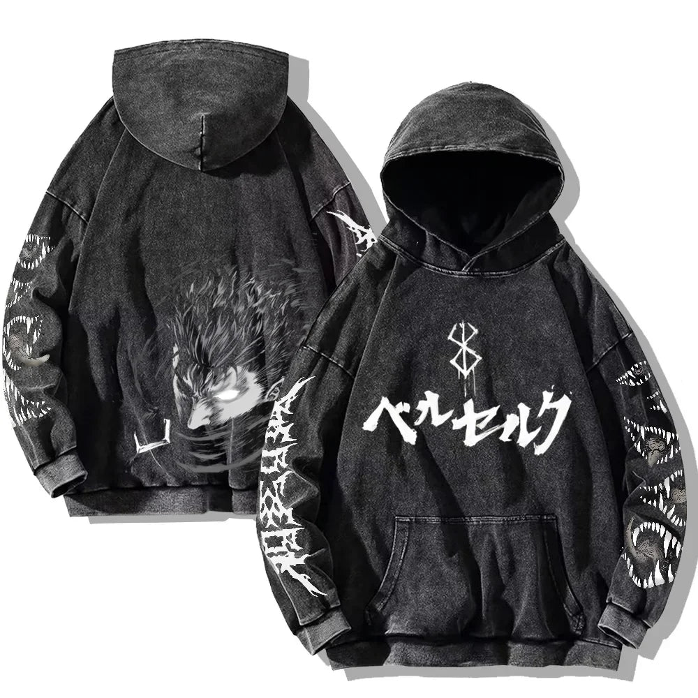 Men's Berserk Hoodie – Gothic Print, Vintage Washed Cotton, Oversized Y2K Streetwear