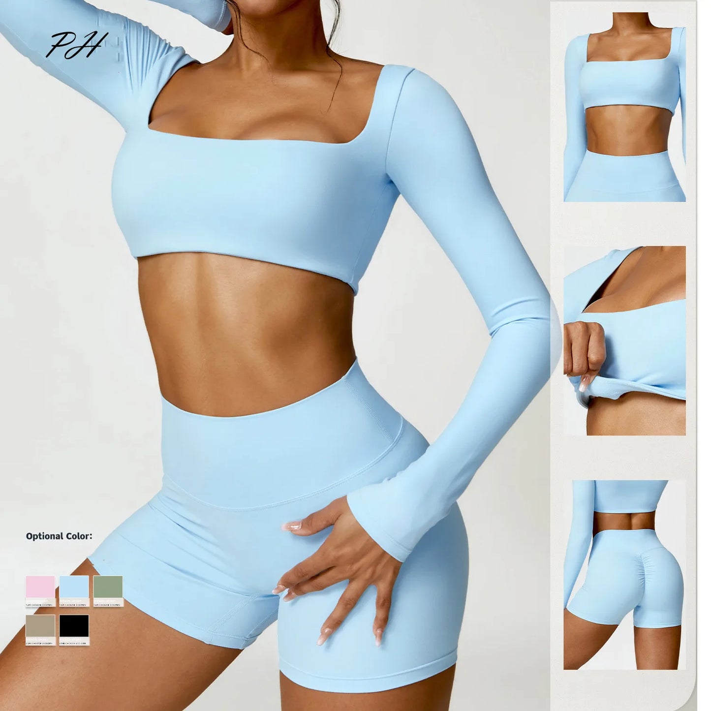 2-Piece Women's Yoga Set – Long Sleeve Top, Shorts & Sports Bra