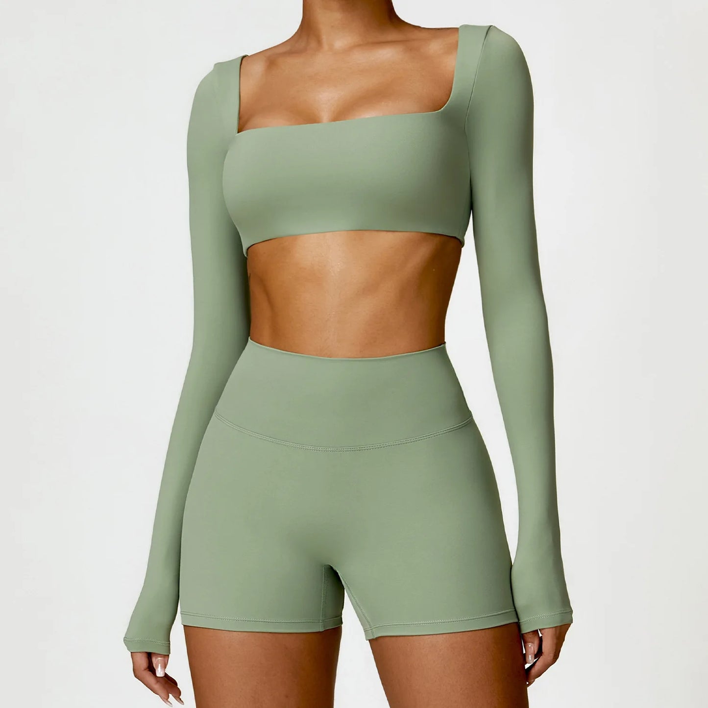 2-Piece Women's Yoga Set – Long Sleeve Top, Shorts & Sports Bra