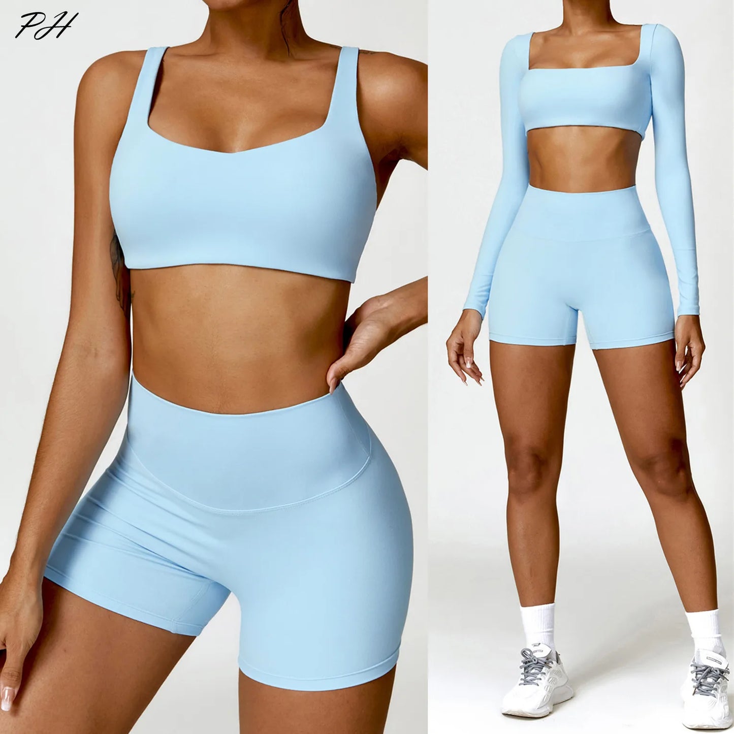 2-Piece Women's Yoga Set – Long Sleeve Top, Shorts & Sports Bra