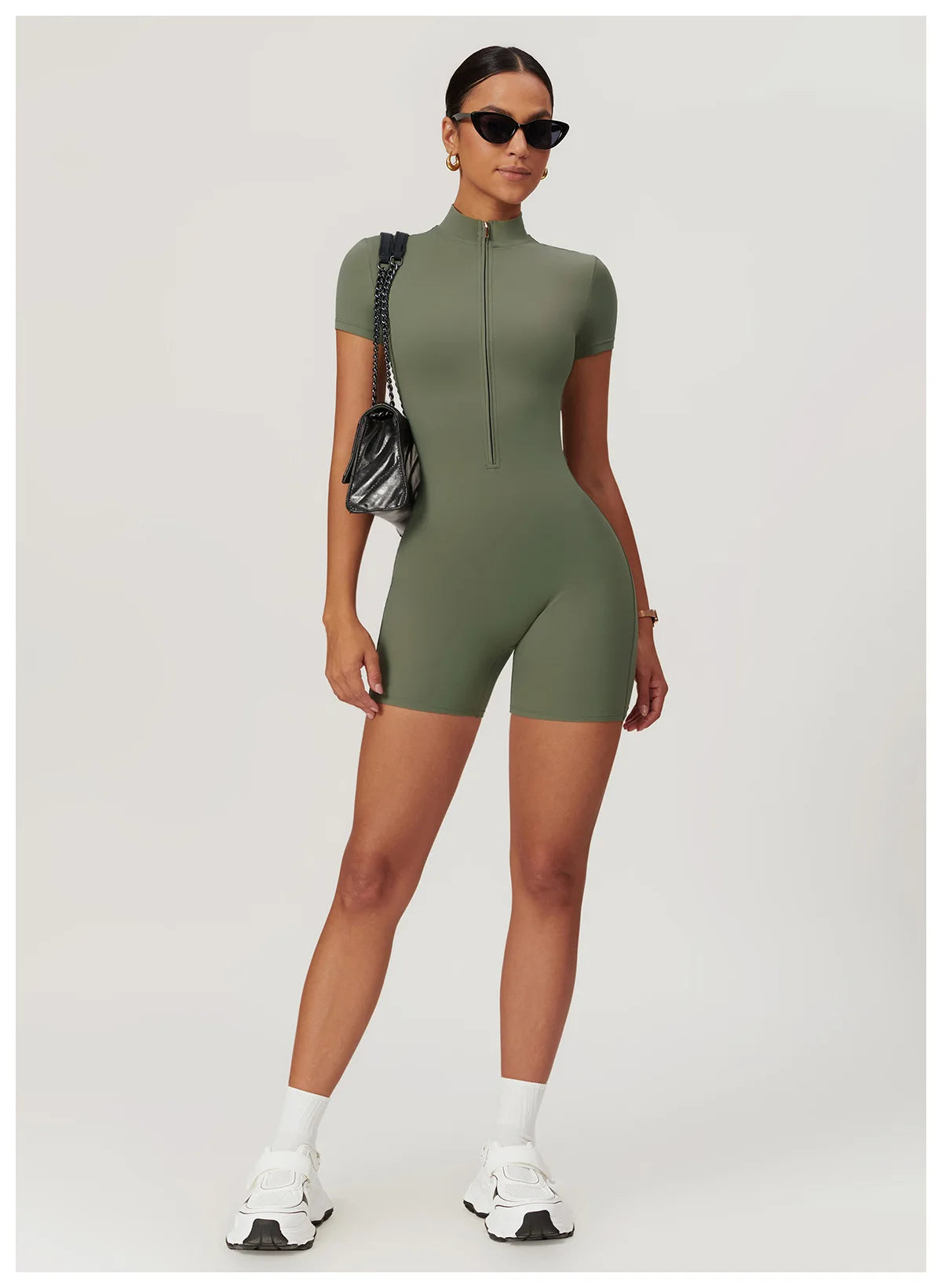 Women's Yoga Jumpsuit – Short Sleeve Zipper Bodysuit for Fitness & Running
