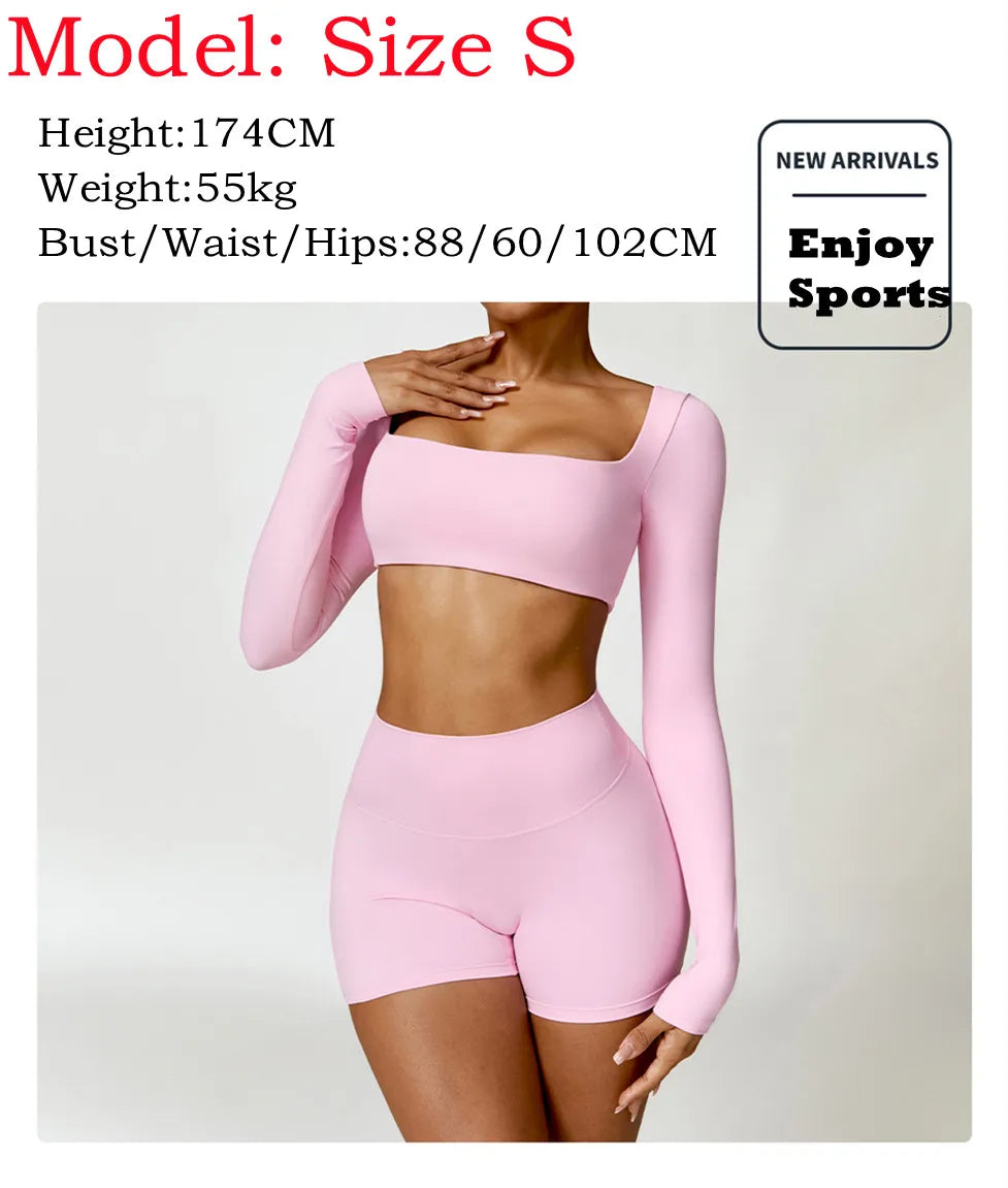 2-Piece Women's Yoga Set – Long Sleeve Top, Shorts & Sports Bra