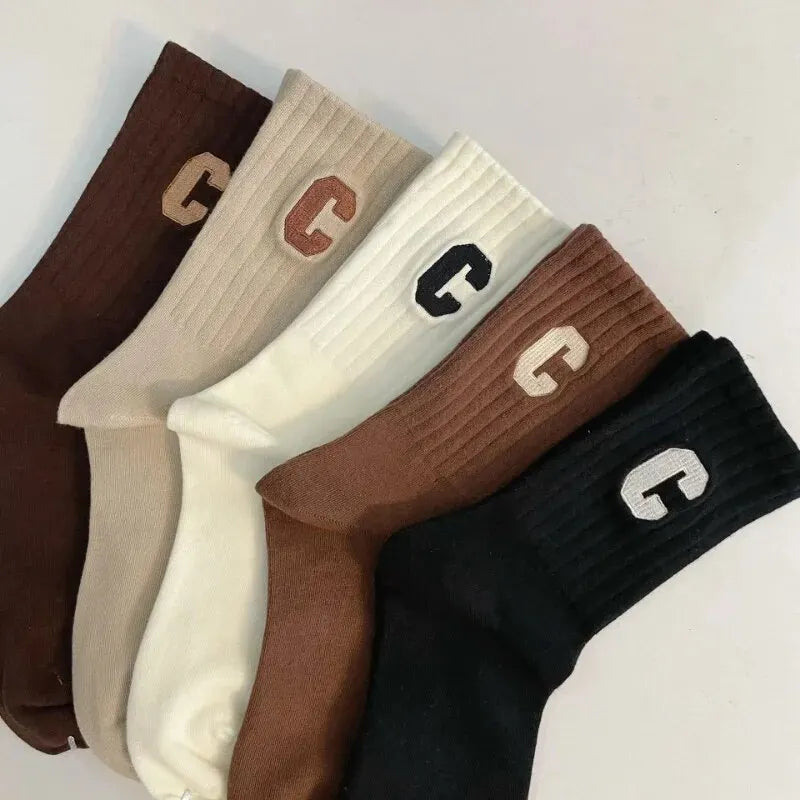 5 Pairs Women's C-Print Socks – Fashionable, Versatile Mid-Length Sports Socks