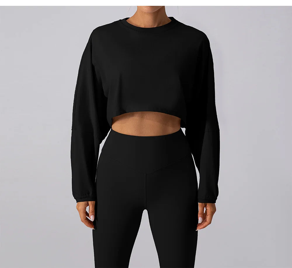Women’s Long Sleeve Sports Crop Top – Yoga & Gym Workout Shirt