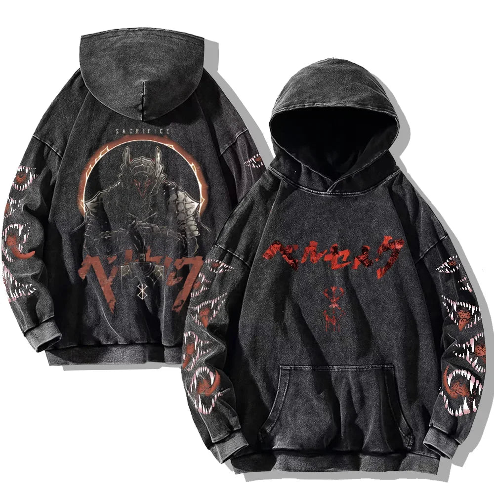 Men's Berserk Hoodie – Gothic Print, Vintage Washed Cotton, Oversized Y2K Streetwear