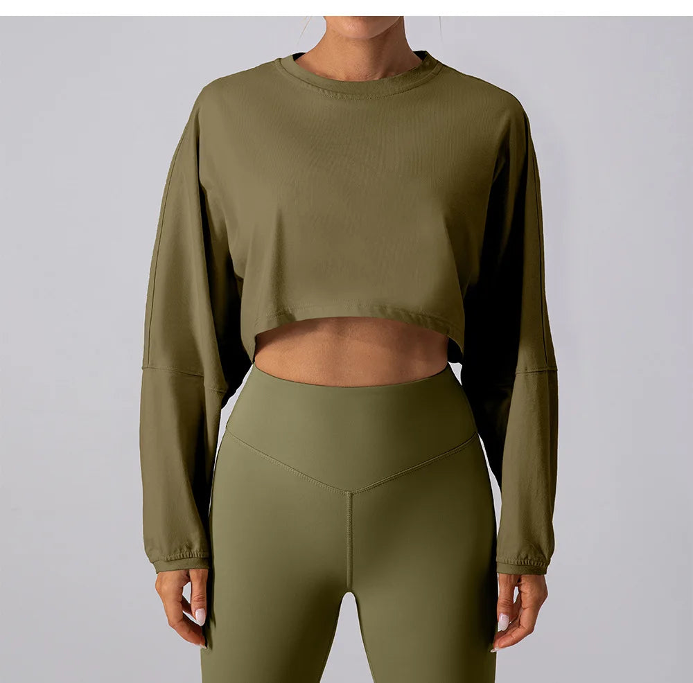 Women’s Long Sleeve Sports Crop Top – Yoga & Gym Workout Shirt