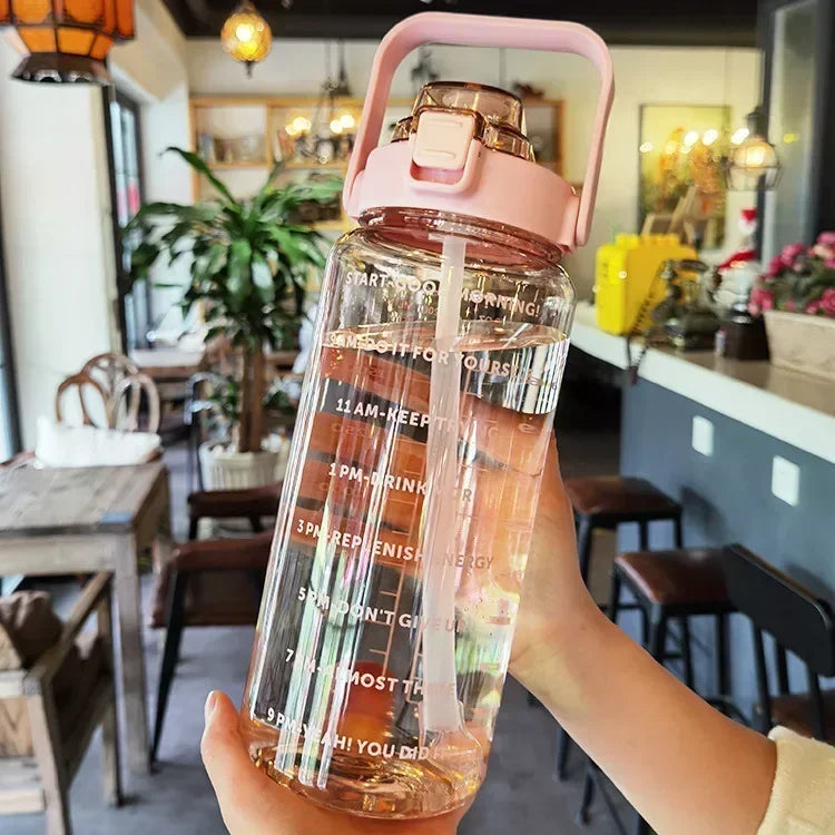 2L Water Bottle with Straw – Large Capacity, Time Marker for Fitness & Outdoor Use