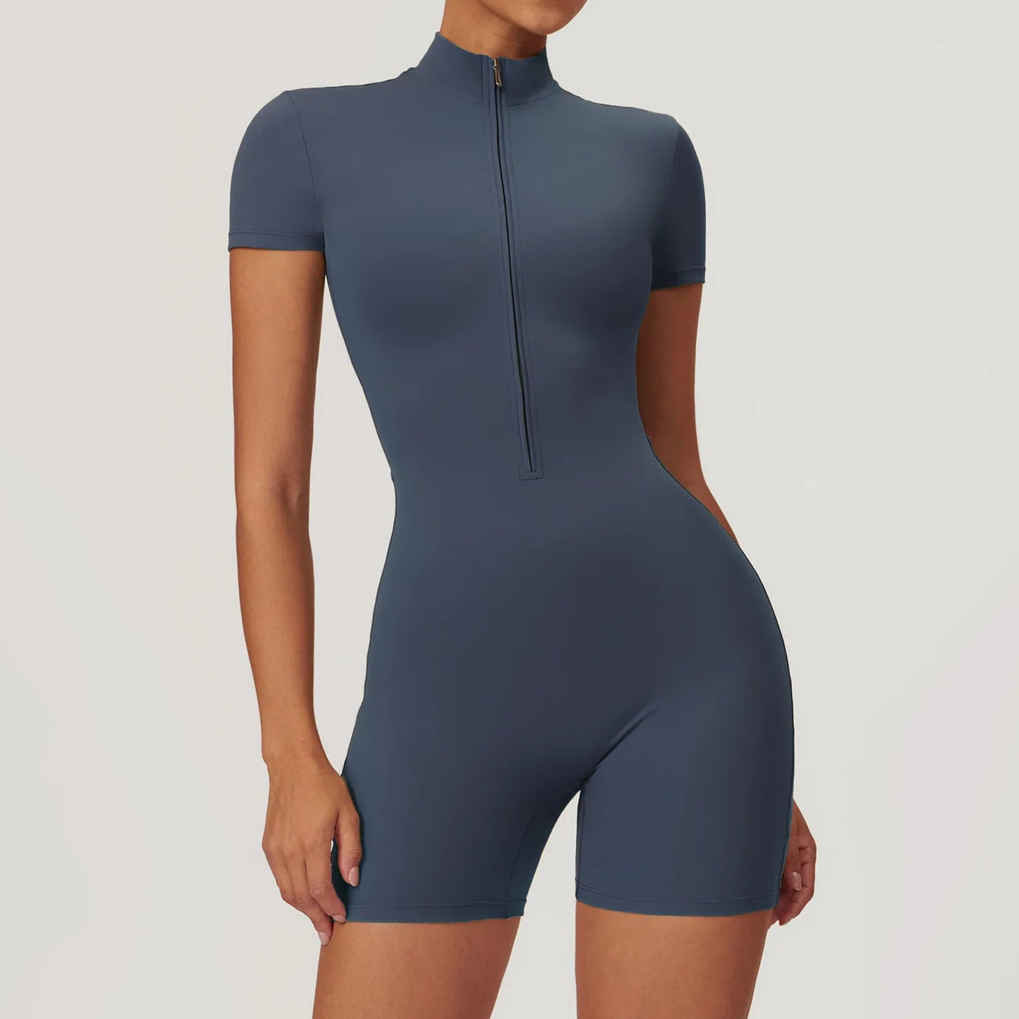 Women's Yoga Jumpsuit – Short Sleeve Zipper Bodysuit for Fitness & Running