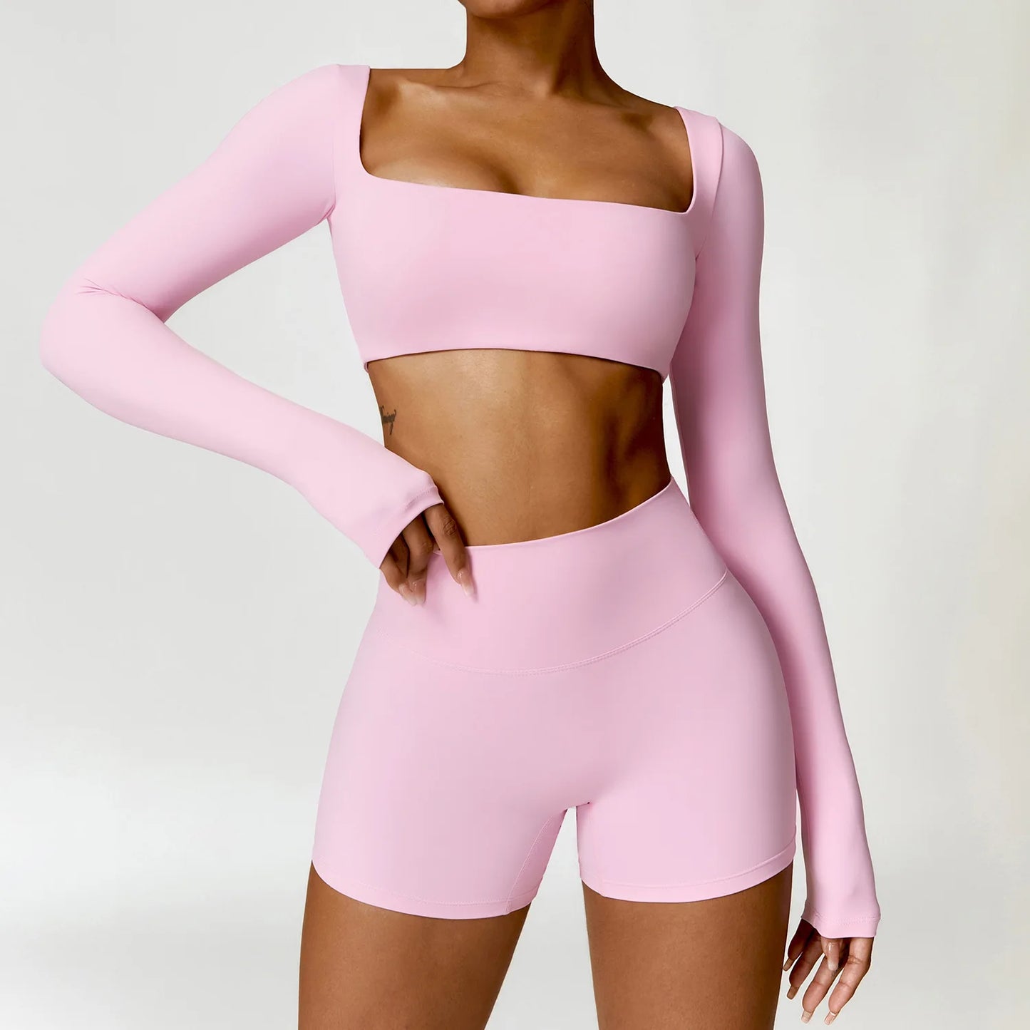 2-Piece Women's Yoga Set – Long Sleeve Top, Shorts & Sports Bra