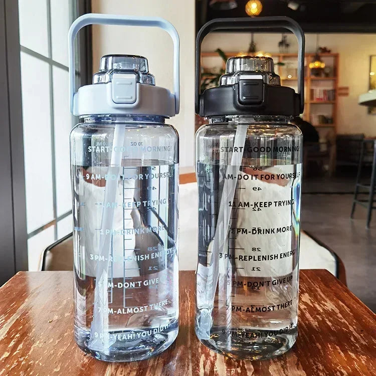 2L Water Bottle with Straw – Large Capacity, Time Marker for Fitness & Outdoor Use