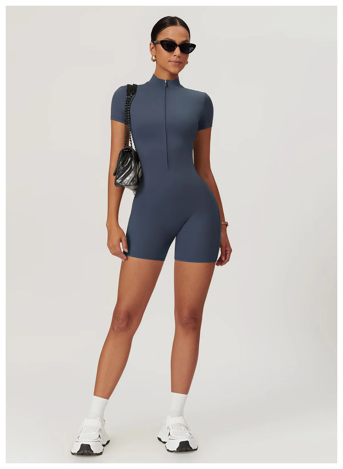 Women's Yoga Jumpsuit – Short Sleeve Zipper Bodysuit for Fitness & Running