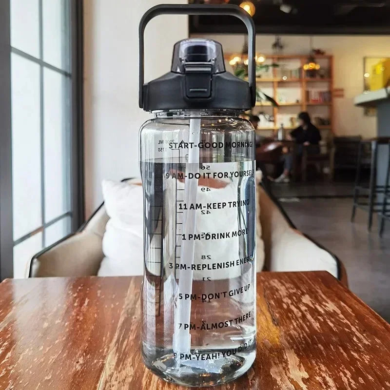 2L Water Bottle with Straw – Large Capacity, Time Marker for Fitness & Outdoor Use