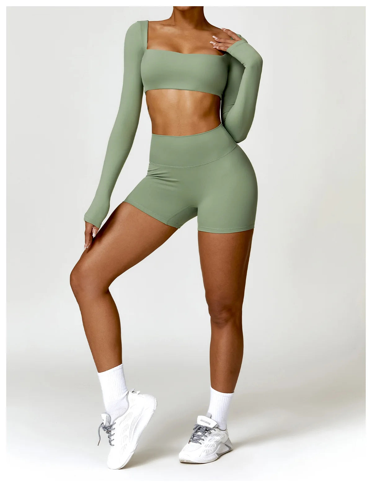 2-Piece Women's Yoga Set – Long Sleeve Top, Shorts & Sports Bra