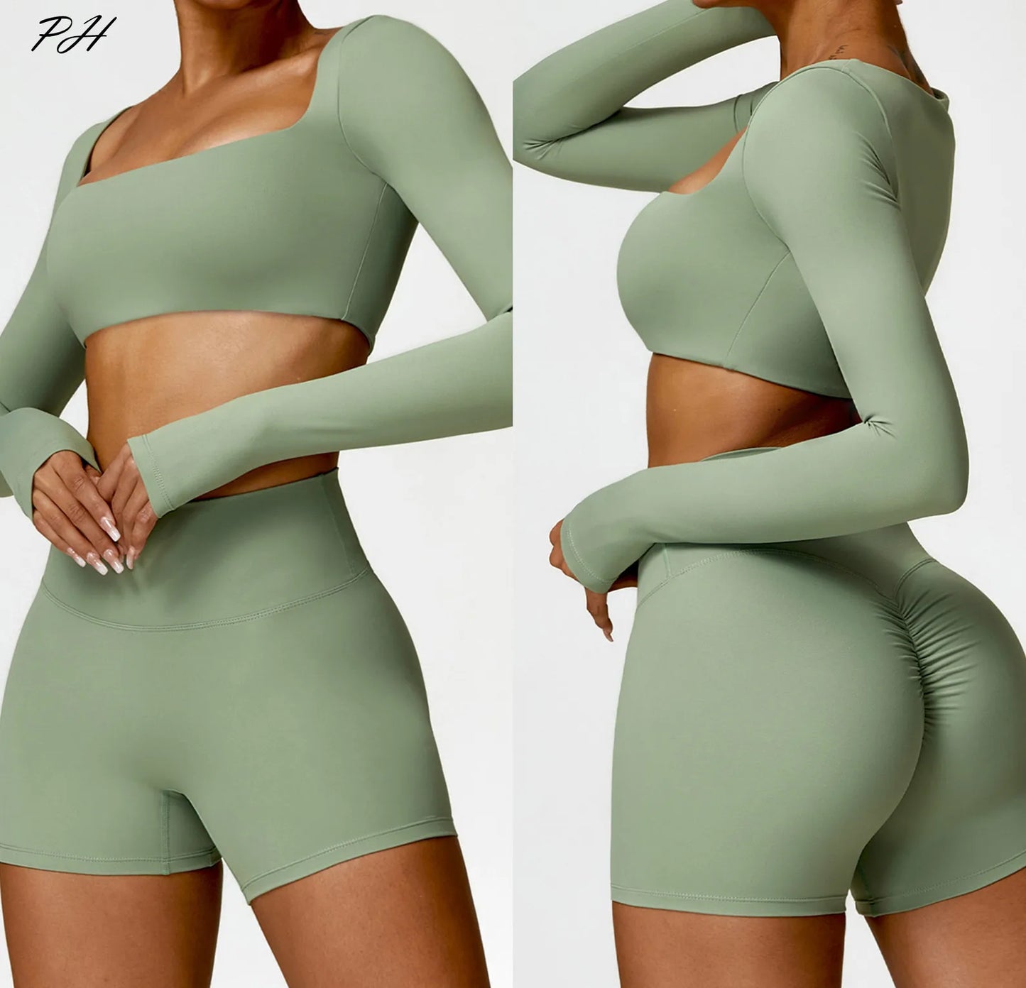 2-Piece Women's Yoga Set – Long Sleeve Top, Shorts & Sports Bra