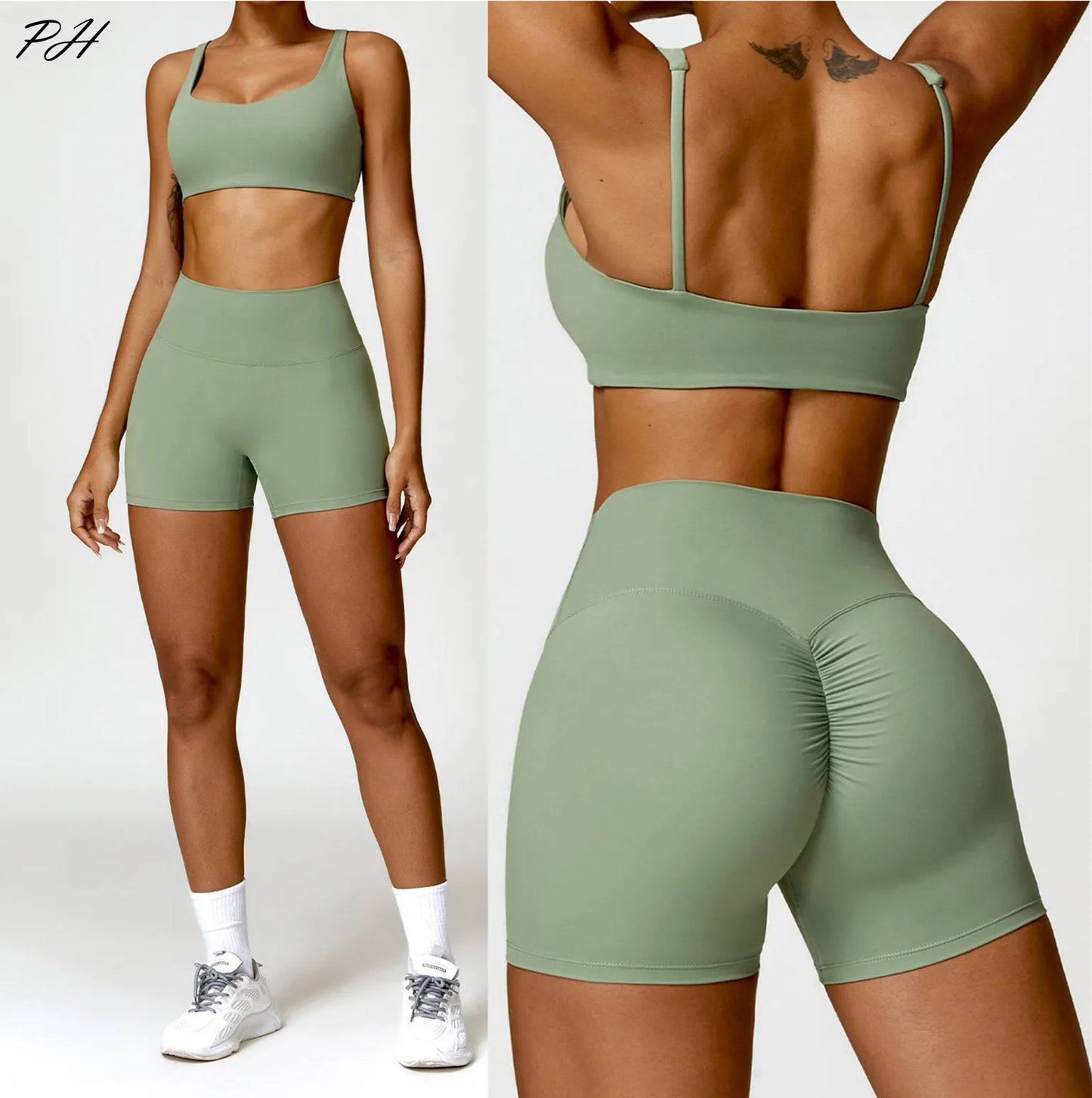 2-Piece Women's Yoga Set – Long Sleeve Top, Shorts & Sports Bra