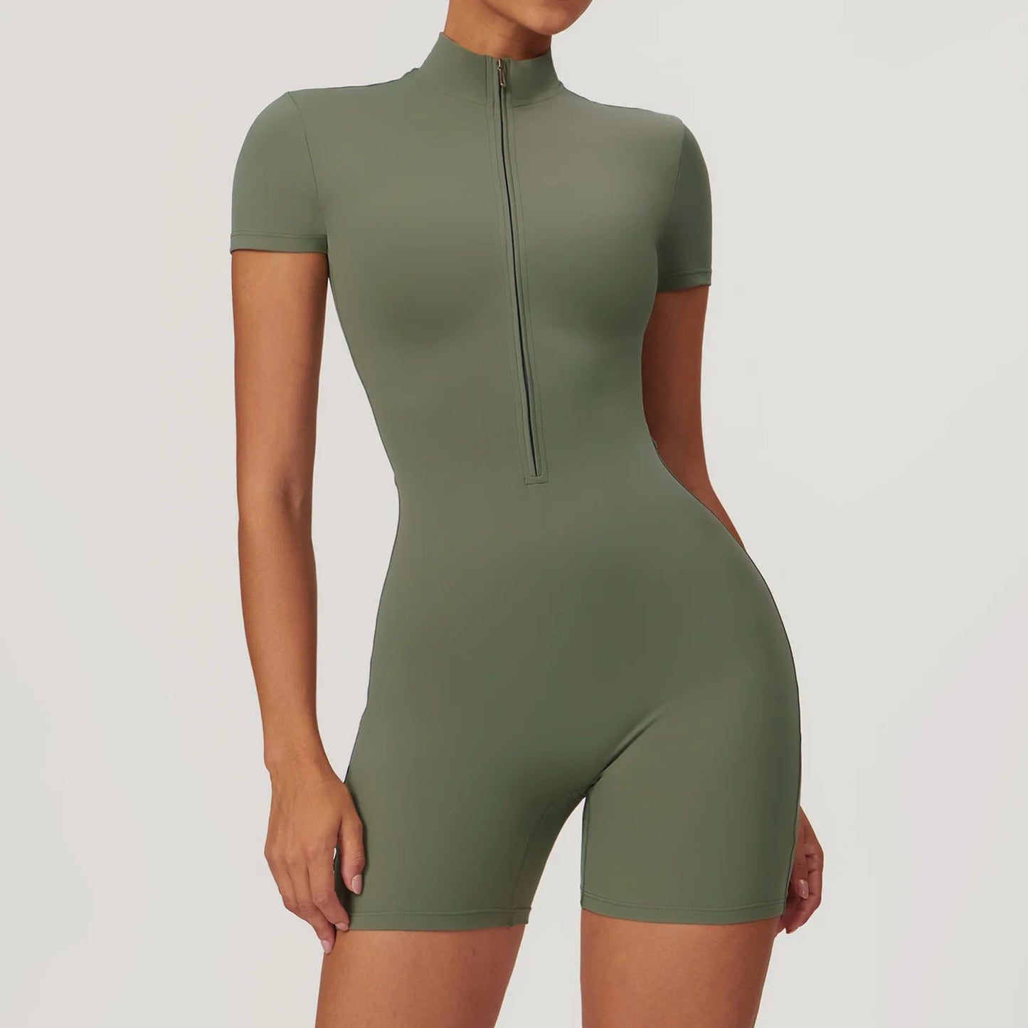 Women's Yoga Jumpsuit – Short Sleeve Zipper Bodysuit for Fitness & Running