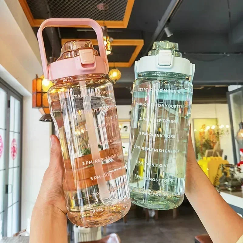 2L Water Bottle with Straw – Large Capacity, Time Marker for Fitness & Outdoor Use