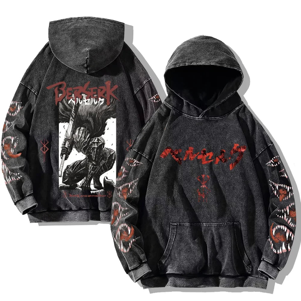 Men's Berserk Hoodie – Gothic Print, Vintage Washed Cotton, Oversized Y2K Streetwear