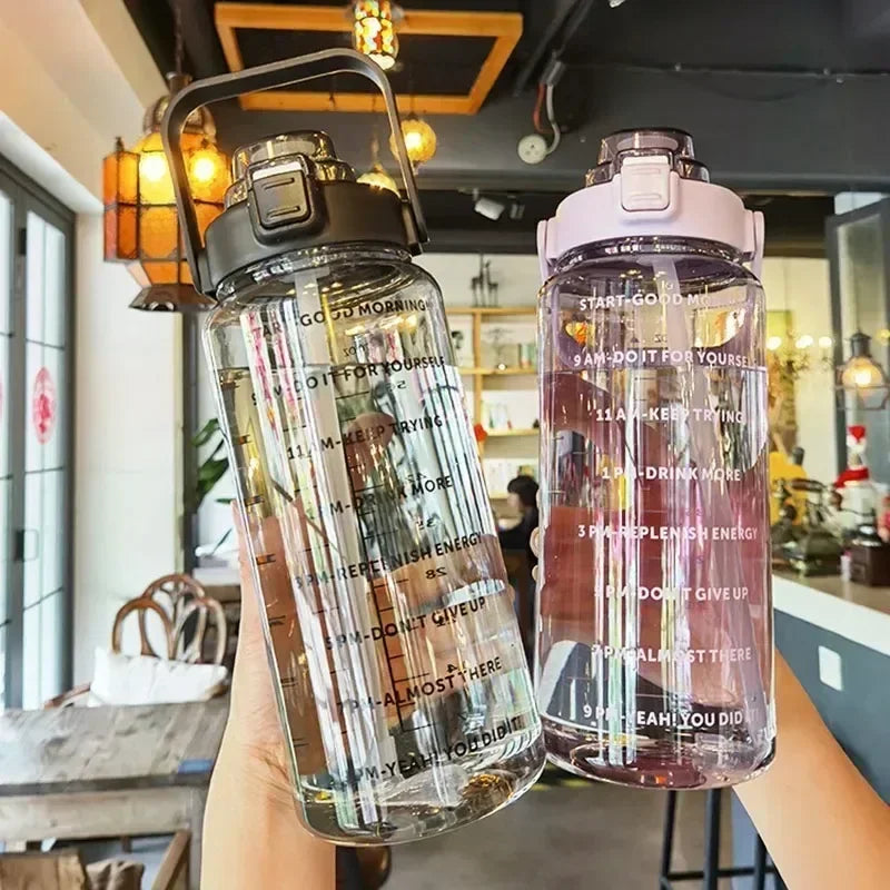 2L Water Bottle with Straw – Large Capacity, Time Marker for Fitness & Outdoor Use