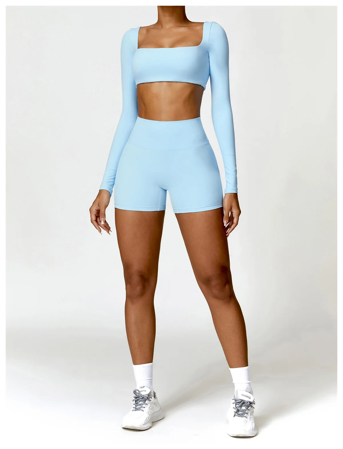 2-Piece Women's Yoga Set – Long Sleeve Top, Shorts & Sports Bra
