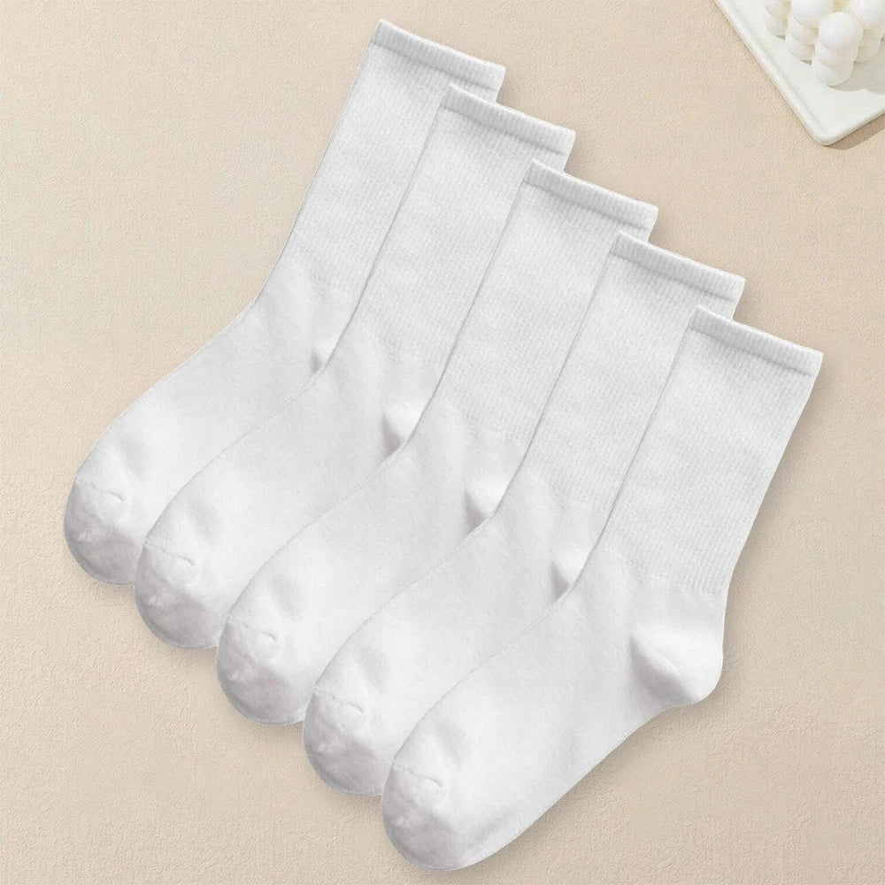 5 Pairs Women's Solid Color Socks – Breathable, Odor-Resistant & Comfortable